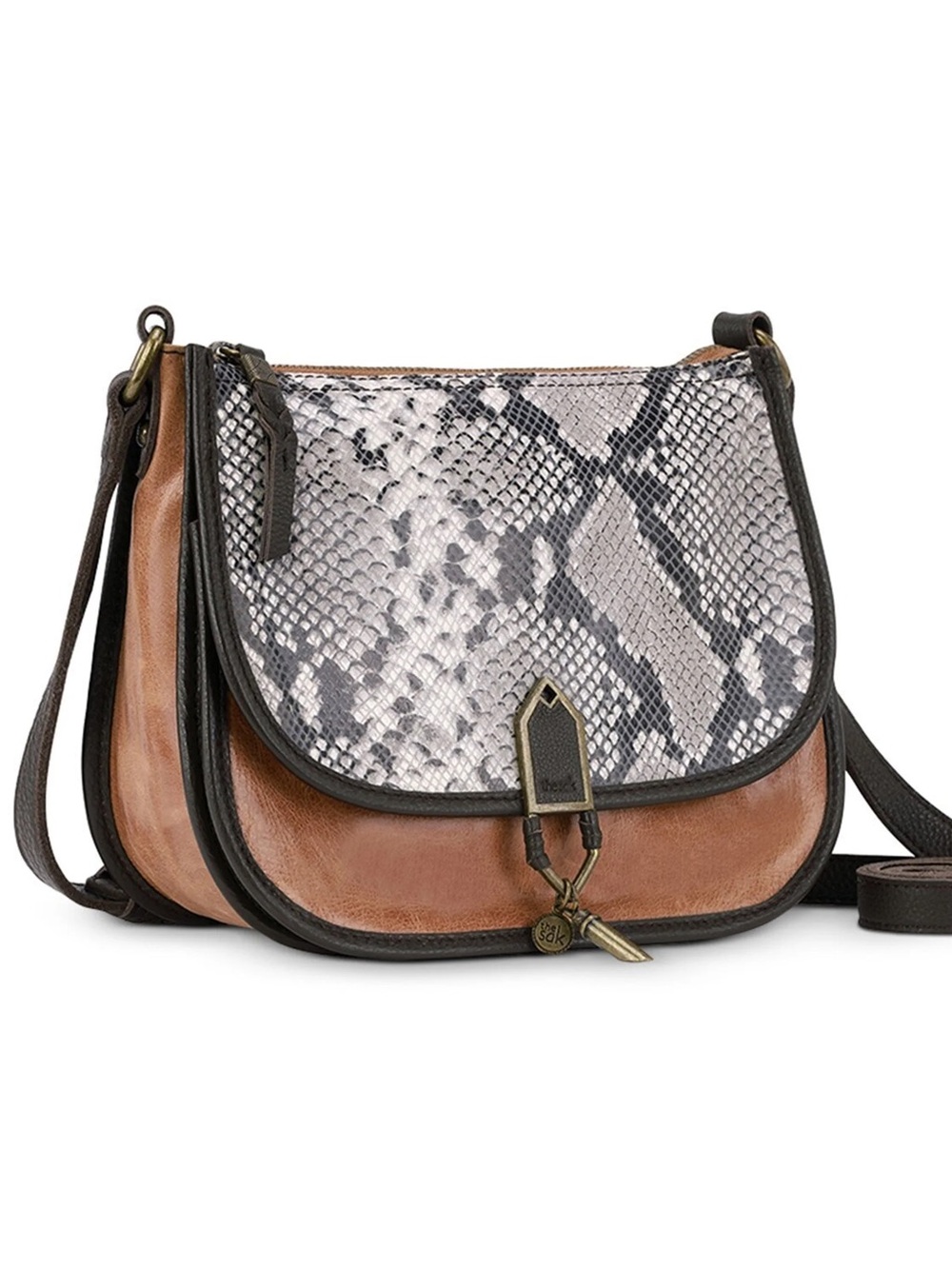 The Sak Playa Snakeskin Print Leather Crossbody Saddle Bag Brown Black Boho